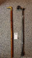 Full view of two walking canes lying on carpet, one wood with brass duck handle and one adjustable metal cane with padded handle and rubber tip