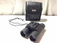 Binoculars with neck strap and carrying case behind them, showing front view of case and binoculars.
