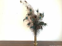 Full view of natural peacock feathers in gold brass vase against a plain background