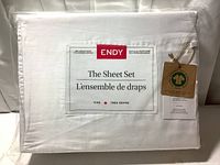 Packaged ENDY King size sheet set label showing 100% organic cotton and 300 thread count