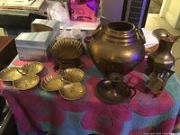 Overview photo showing all items including serving trays, kettle, lantern figurine, and fan holder.