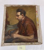 Full view of oil painting showing seated male figure in profile on canvas, unframed with raw edges visible.