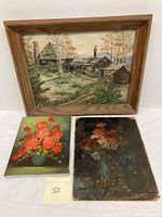 Three paintings: a framed landscape oil canvas, two still life floral oils on board, one dark with wear.