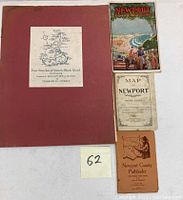 Top-down photo showing all items: Block Island sketches on maroon backing, Newport travel brochure, Newport map booklet, and Newport County Pathfinder booklet.