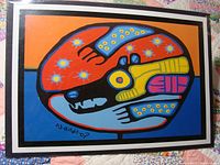 Full view of Norval Morrisseau print showing colorful abstract animal design with blemish visible.