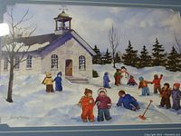Watercolor print depicting children playing in the snow outside a building