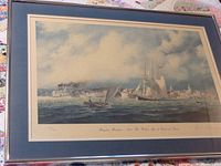 Framed vintage numbered print of Kingston Harbour circa 1885 by Rindlisbacher showing ships on water and a cityscape in background.