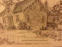 Close-up photo of the house in the print showing ivy-covered walls and architectural details of the Hutchinson House.