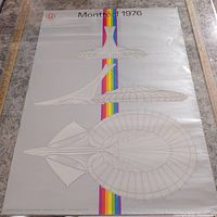 Full view of the poster showing the three architectural designs with vertical rainbow stripe and Olympic emblem on gray background.
