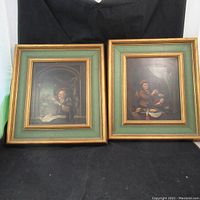 Pair of two framed oil paintings on panel depicting indoor scenes with people in period attire, shown side by side.
