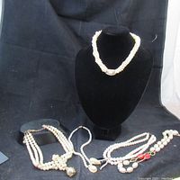 Overview of the six necklaces arranged on black velvet display bust and flat on table showing varying styles, strands, clasp types, and decorative elements.
