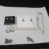 Full lot view showing various silver earrings, a thin silver chain necklace, and two pins (horse carriage and rabbit) laid on a white background.