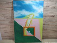 Full view of original painting showing the abstract figure in glowing colors against the divided landscape with sky and land, square frame and Earth planet detail