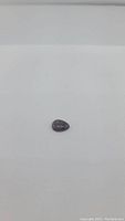 Polished pear-shaped cabochon stone with dark gray-black fossil texture on plain background