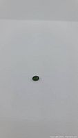 Photo showing single deep green oval cut Chrome Diopside gemstone centrally placed on white background.