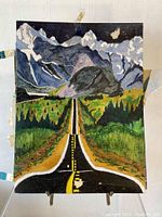 Painting of road leading toward mountains, showing chipped paint on blacktop and edge wear