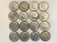 Front view of all 16 Kennedy half dollar coins arranged in a grid showing the obverse side with the profile of John F. Kennedy. Coins exhibit varying degrees of wear and toning.