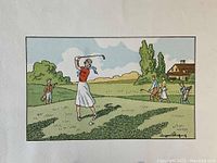 Full view of the first Art Deco golf print showing a woman golfer swinging a club on a green golf course with three other figures and a house in the background.