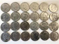 Top view of the obverse sides of 24 Eisenhower dollar coins showing the profile of Dwight D. Eisenhower.