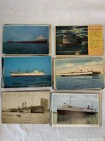 Six antique steamship and ocean liner postcards laid out in two rows, showing a variety of historic vessels from both color and monochrome images.
