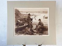 Full view of the etching showing fishermen by a boat and baskets of fish on the shore with water and other figures in the background.