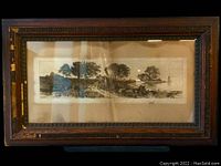 Frontal shot of large framed etching engraving showing entire piece including dark wooden frame with detailed carvings and glass covering; shows overall condition and foxing.