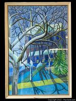Full front view of framed watercolor painting showing composition of bare trees, shadows, and building façade