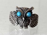 Front view showing detailed owl face with turquoise eyes and feather pattern