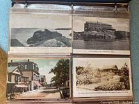Four postcards displayed including rocky seashore with lighthouse, Straitsmouth Inn, street view of Rockport Main Street, and newspaper house.