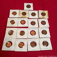Top view of all 17 Lincoln penny coins in white holders with handwritten year and error notes.