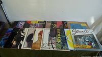 Photo showing the full spread of the 20 records laid out side by side, album covers partially visible with varied artwork and text.