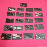 Top down image showing all 21 credit card-sized multitools laid out on a pink surface. Each multitool has unique designs and brand markings, displaying various survival-related cutouts and tool functions.