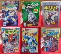 Overview of all six Spider-Man Marvel comics displaying their front covers with various Spider-Man characters and Venom.