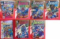 7 Marvel Avengers comic books shown in a fan, visible covers for Avengers #336, #337, #338, #339, #330, King Size Annual Special #9, and the limited series cover with 'The Terminatrix Objective'