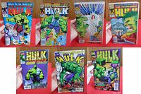 Seven assorted vintage Marvel Hulk comics with vibrant cover art showing various Hulk and character illustrations.