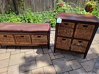 Outdoor photo of For Living Verona bench with 3 wicker basket drawers and brown cushion; and matching 4-drawer chest with wicker baskets, espresso finish.