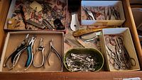 Overview of various nail clippers, pliers, scissors, hair clips, and shoe horns organized in trays.
