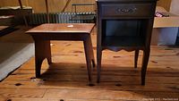 Photo of a wood bench next to a wood nightstand, showing the overall condition and dimensions of both pieces.