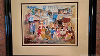 Framed colorful serigraph depicting a lively street scene including people, buildings, and a horse-drawn carriage.
