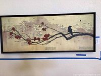 Full view of framed painting showing bird on branch and blossom clusters