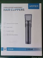 Front of the Woner cordless rechargeable hair clippers box, showing product image and key features.