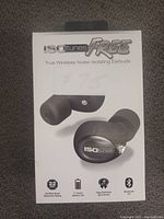 Front of the retail box showing Isotunes FREE true wireless earbuds image and key features such as 22 NRR noise reduction, 7+ hours battery life, high definition sound, and Bluetooth 5.0.