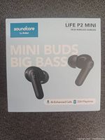Front of original product box shows Soundcore Life P2 Mini true wireless earbuds image with branding and main features such as AI-enhanced calls and 32H playtime.
