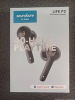 Front of product box showing Soundcore by Anker Life P2 true wireless earbuds and 40-hour playtime highlight.