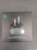 Front view of the Black Shark Lucifer T2 true wireless gaming earbuds packaging box showing the earbuds, charging case, and brand details.