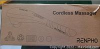 Photo of Renpho cordless massager box showing brand, product name and illustrations of massager and multiple attachment heads.