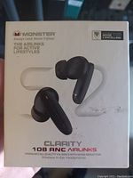 Box front showing Monster Clarity 108 ANC AirLinks wireless in-ear headphones in black with noise cancelling feature.