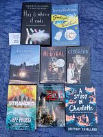 Lot of 8 books laid out showing titles and covers, various fiction and young adult books visible.
