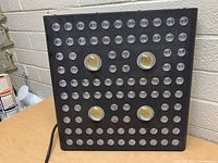 Front view of black square LED grow light panel with many small LED bulbs and four larger yellow COB LEDs in a grid pattern.