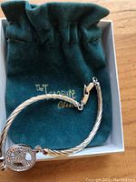 Sterling silver twisted rope bracelet with a diamond peace sign charm, displayed in a branded green velvet pouch.